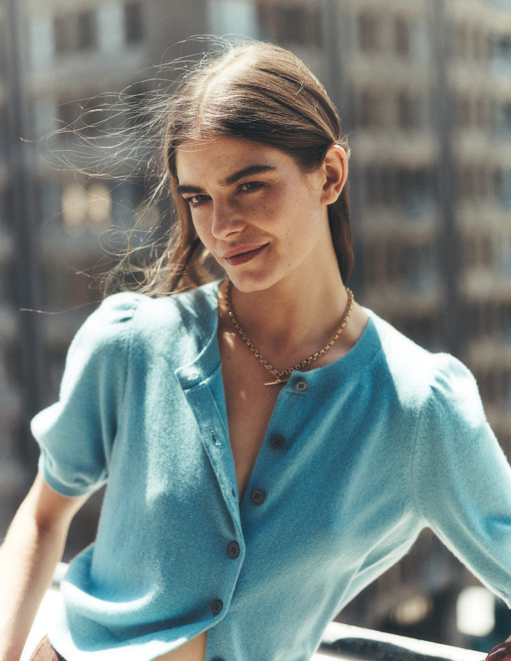 Cropped Cashmere Cardigan-Misty Blue