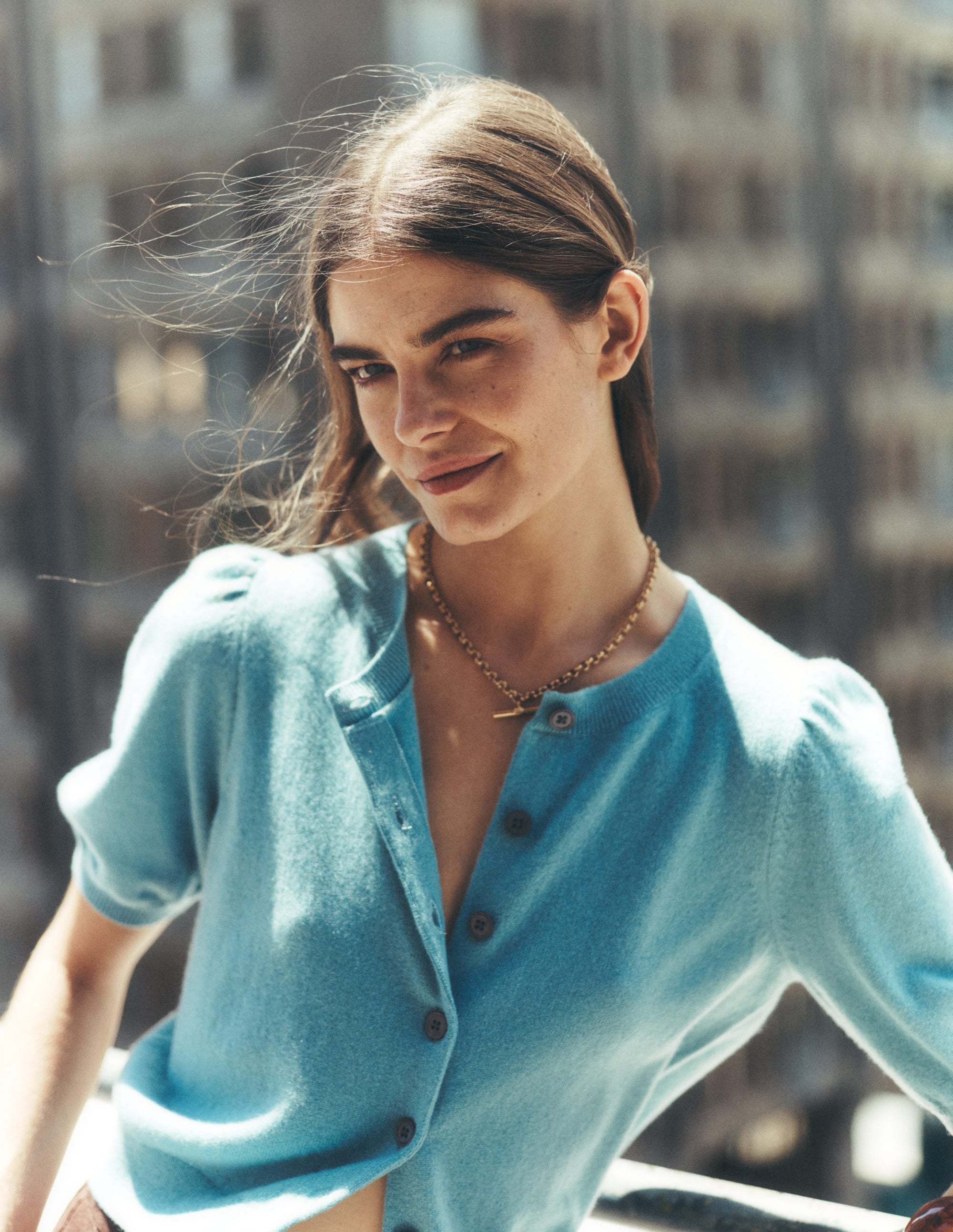 Cropped Cashmere Cardigan-Misty Blue