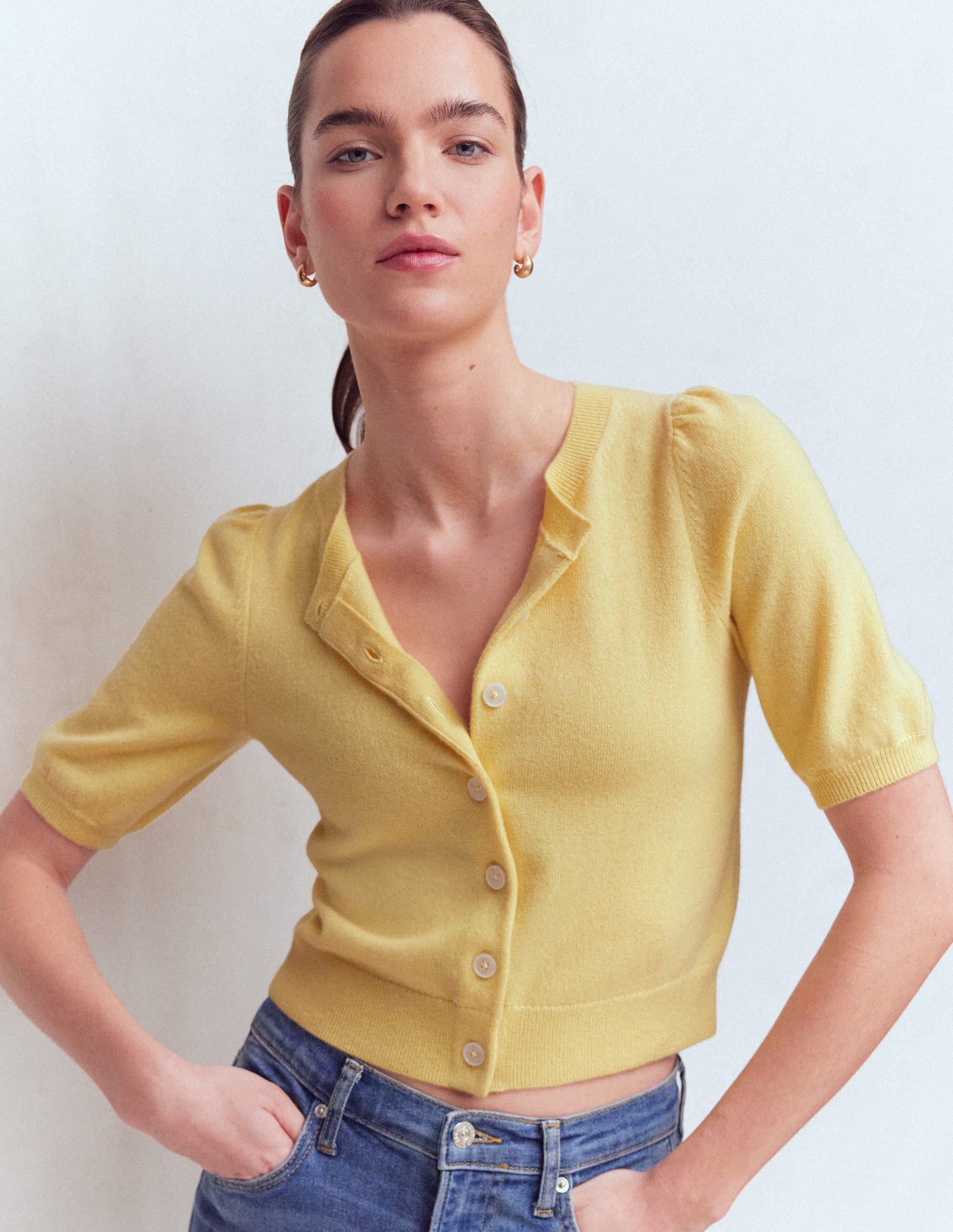 Cropped Cashmere Cardigan-Sandstone Yellow