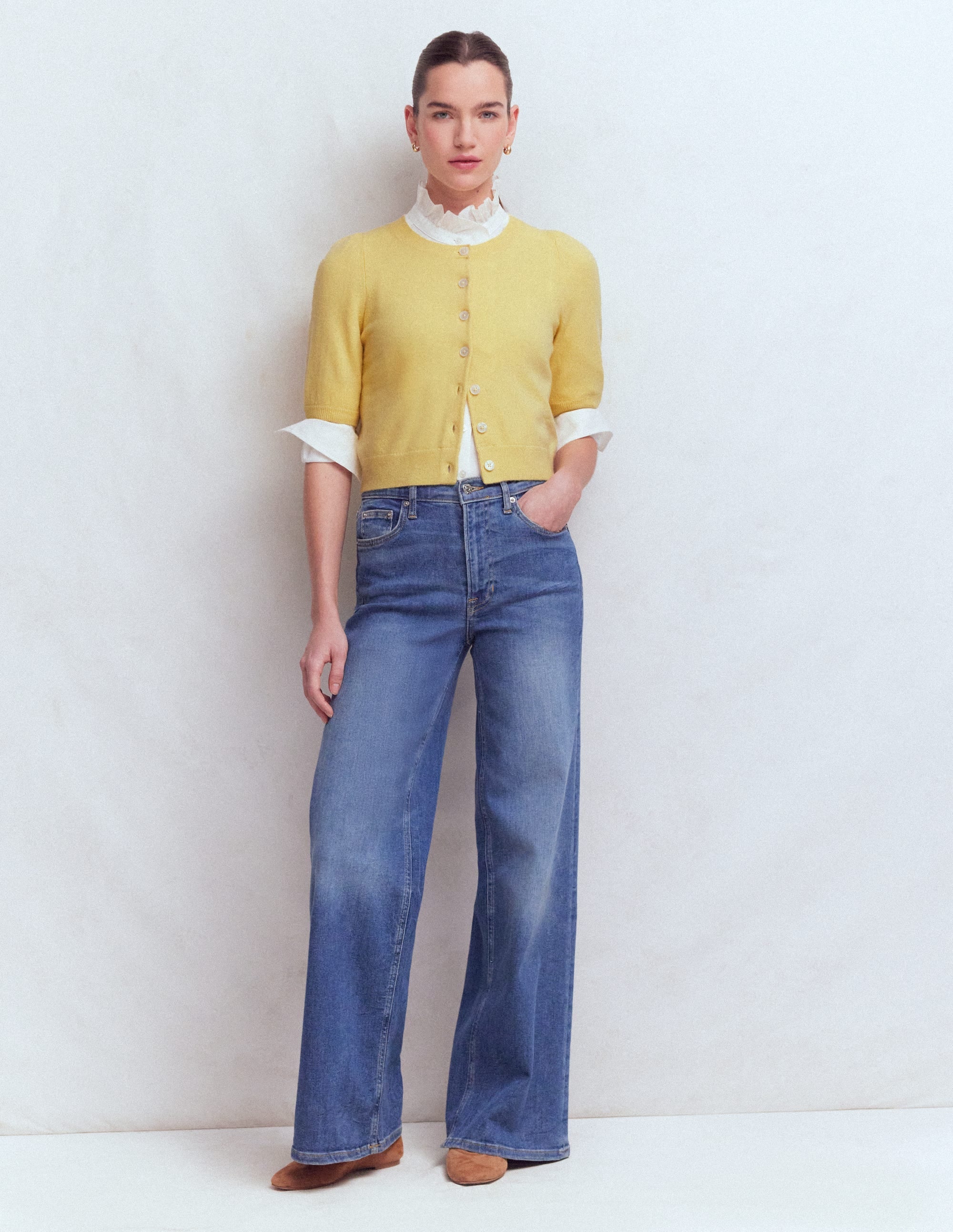 Cropped Cashmere Cardigan-Sandstone Yellow
