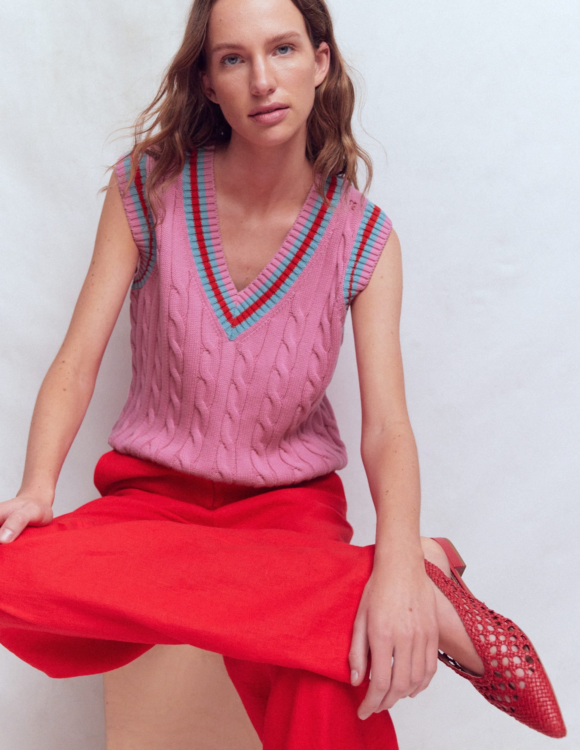 Maeve Cable V Neck Tank-Pink, Red