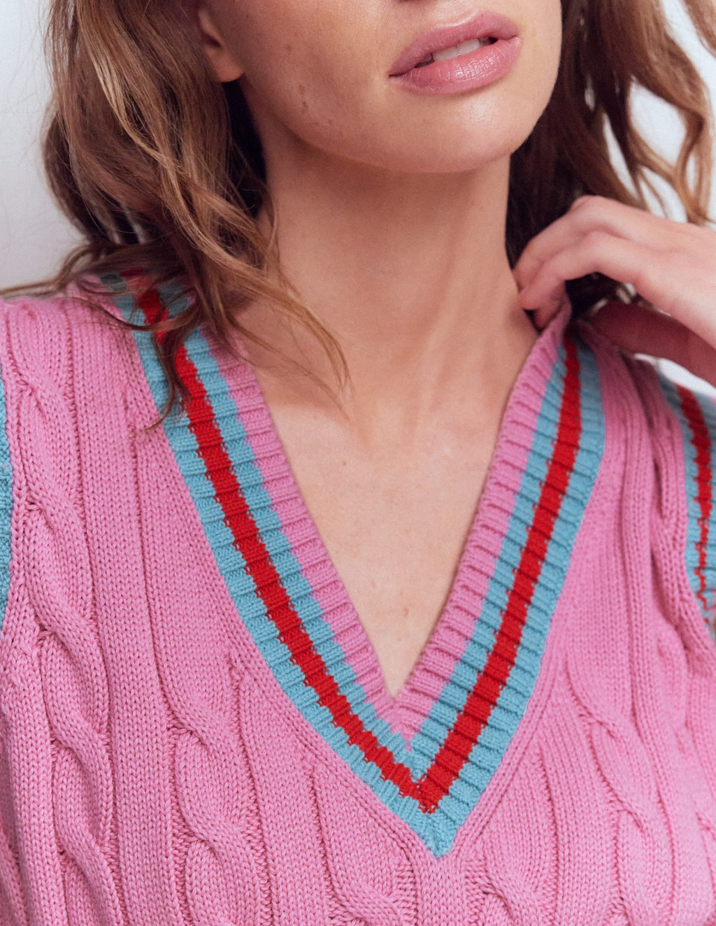 Maeve Cable V Neck Tank-Pink, Red