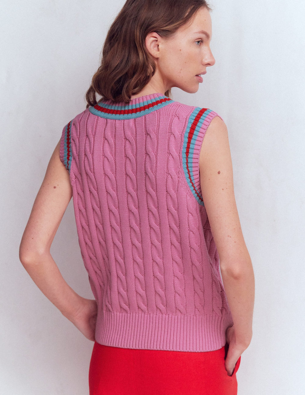 Maeve Cable V Neck Tank-Pink, Red