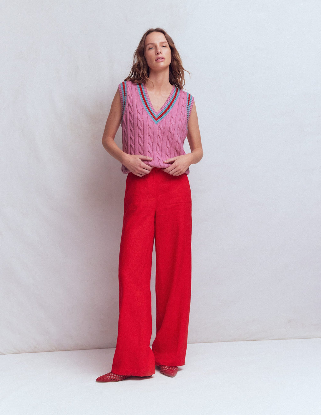 Maeve Cable V Neck Tank-Pink, Red