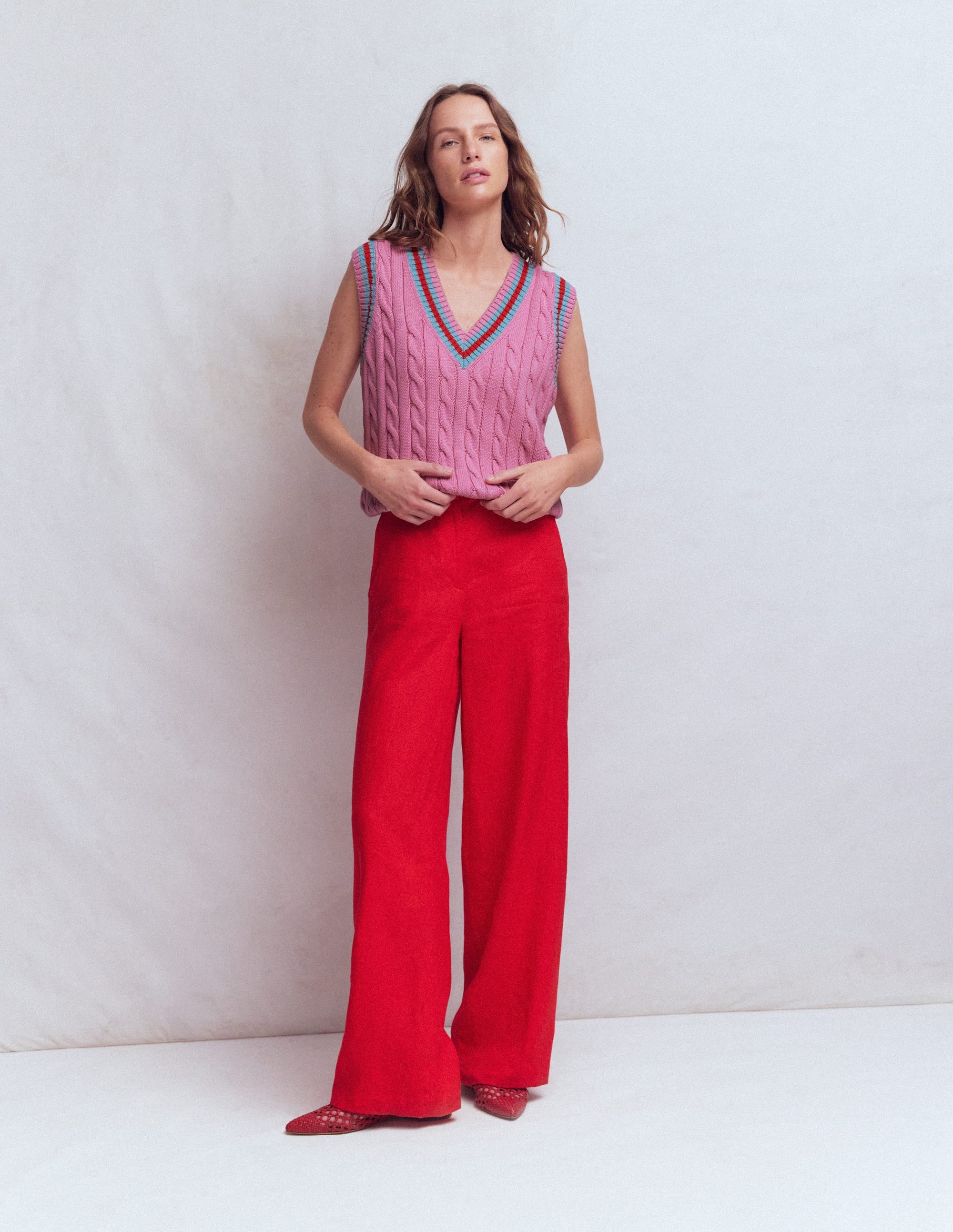Maeve Cable V Neck Tank-Pink, Red