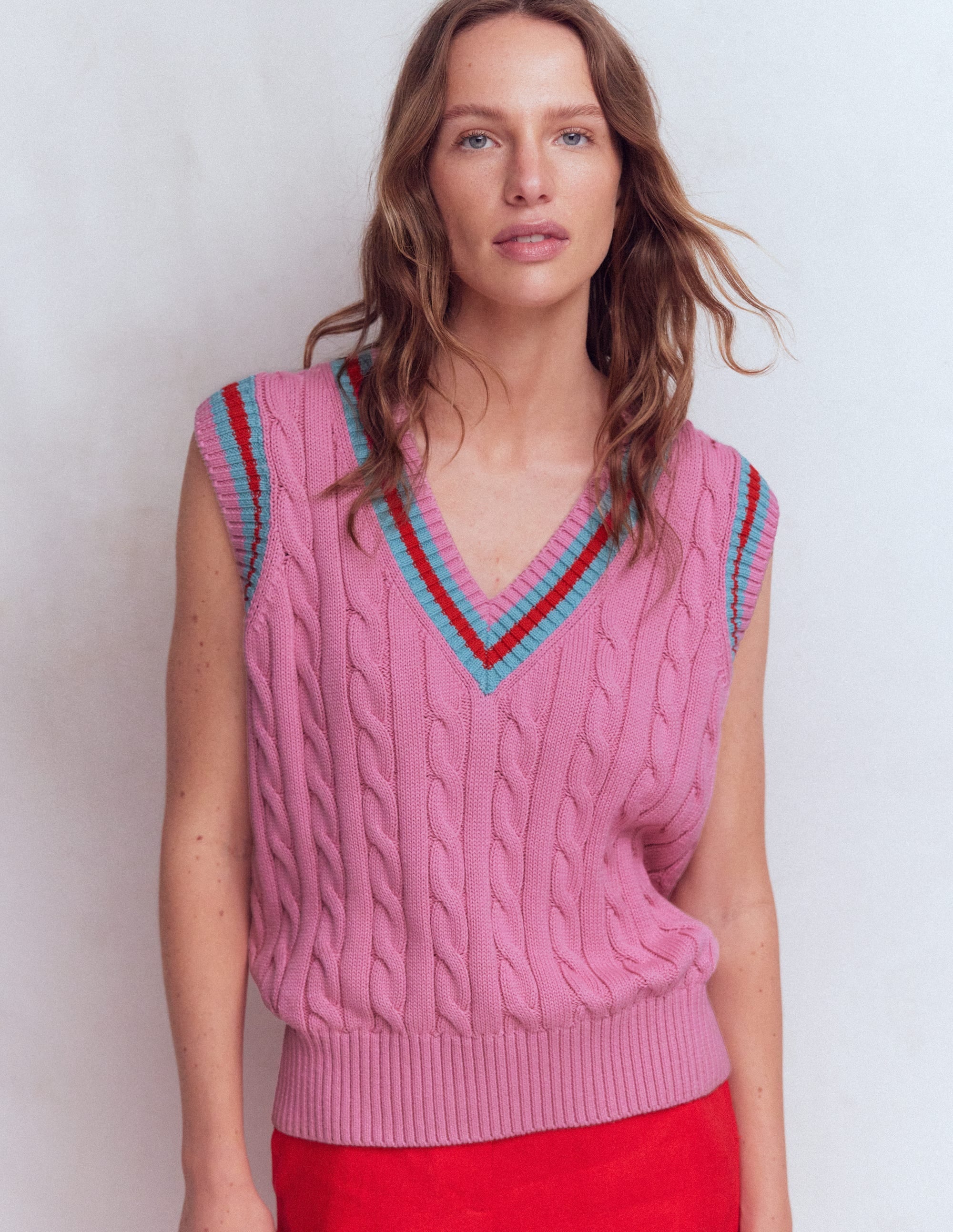 Maeve Cable V Neck Tank-Pink, Red