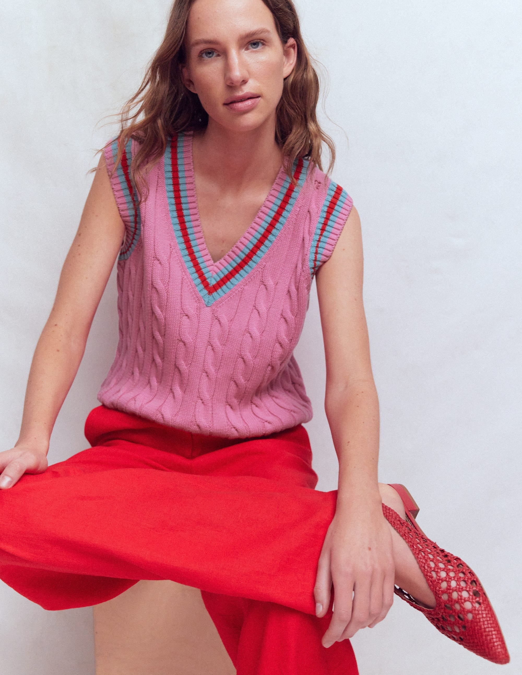 Maeve Cable V Neck Tank-Pink, Red