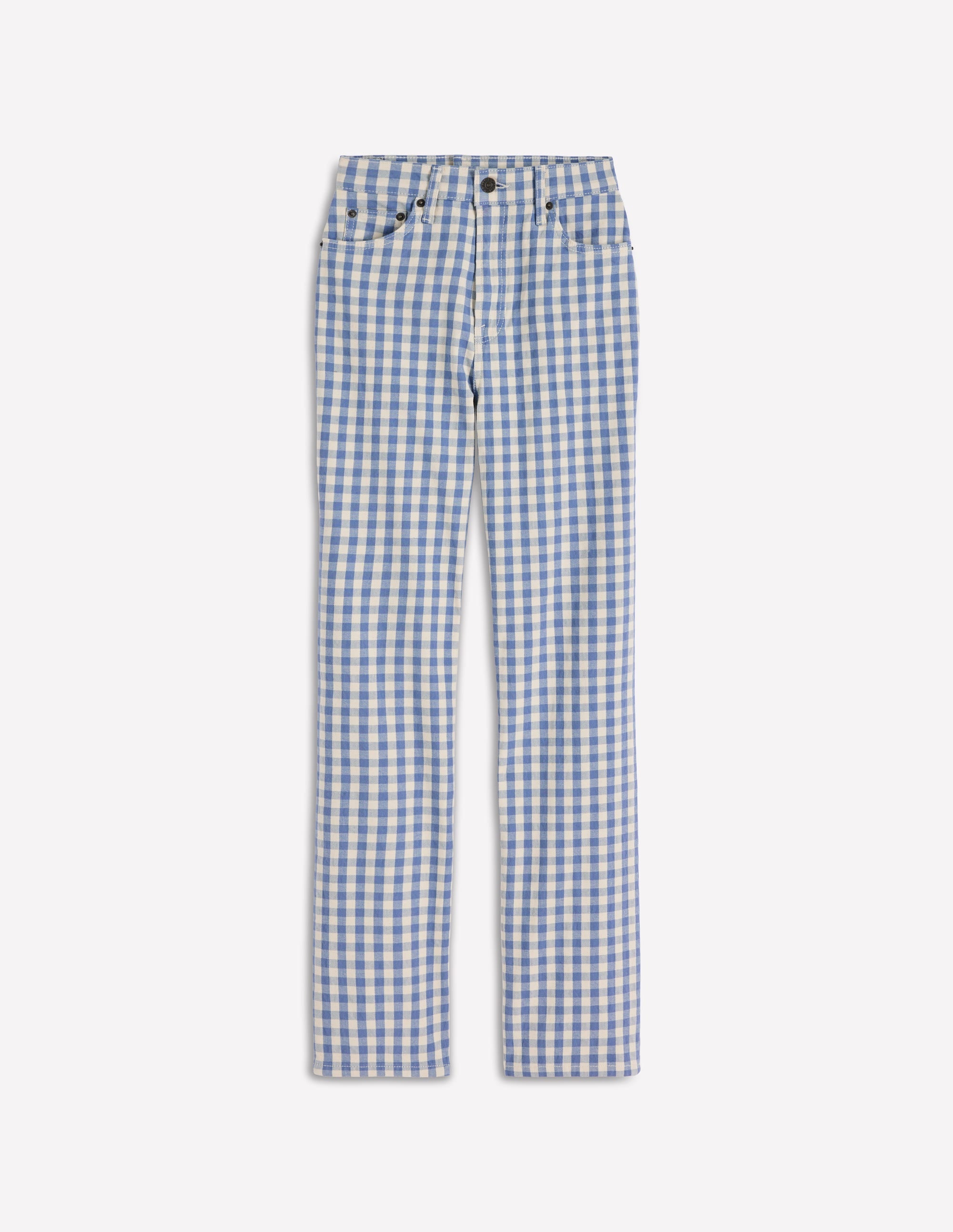High Rise Straight Jeans-Blue Gingham