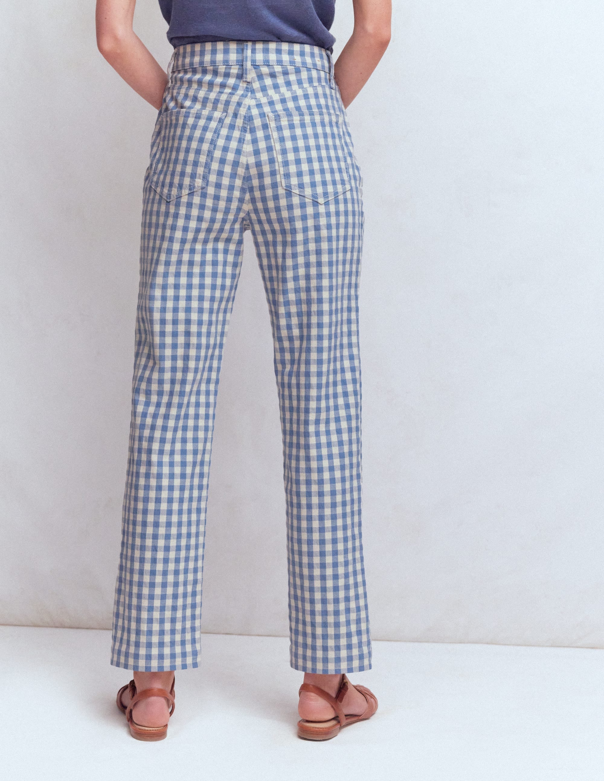 High Rise Straight Jeans-Blue Gingham