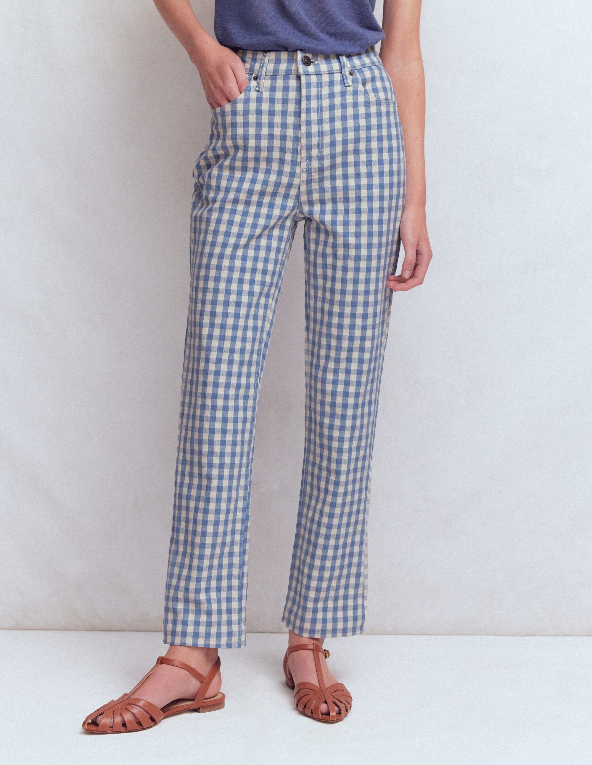 High Rise Straight Jeans-Blue Gingham