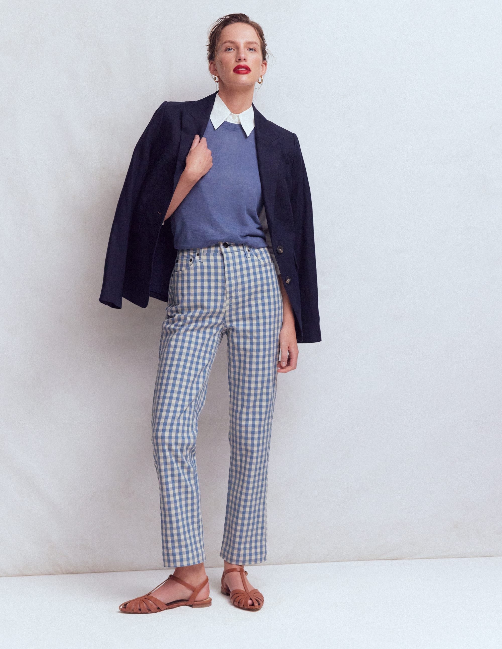 High Rise Straight Jeans-Blue Gingham
