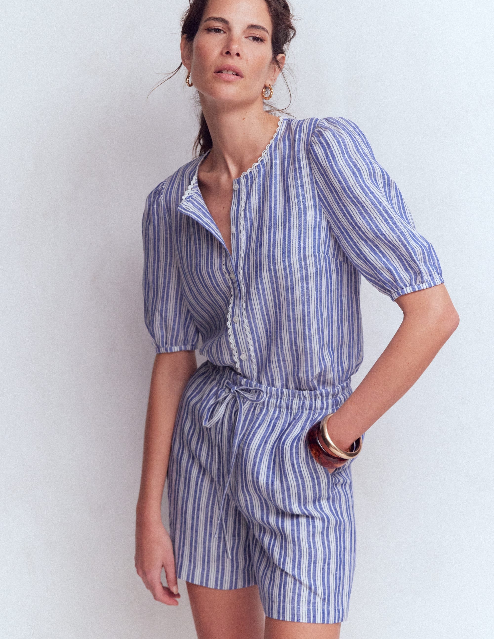 Islington Linen Shorts-Bright blue Stripe