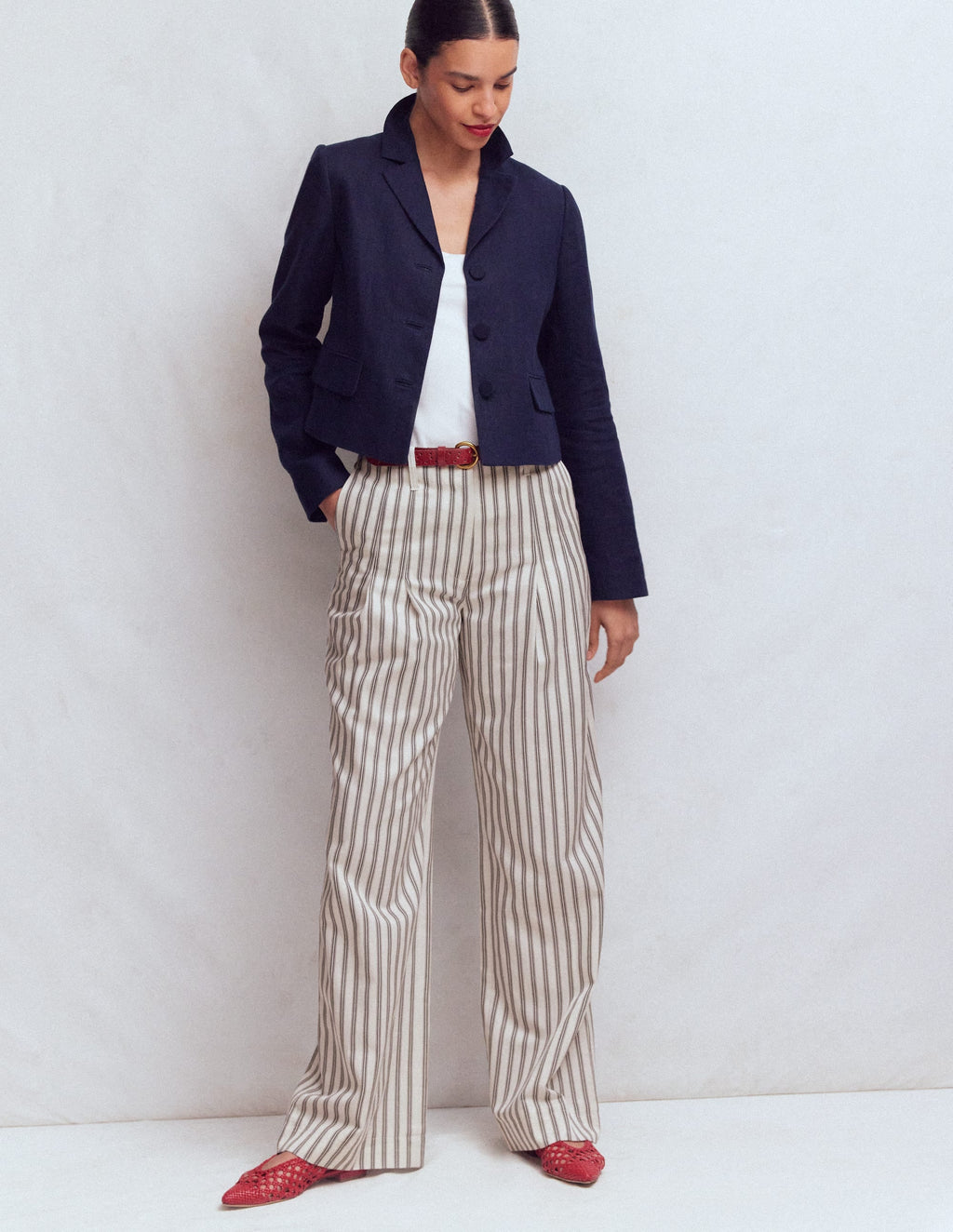 Mayfair Tailored Pants-Ivory, Navy Stripe