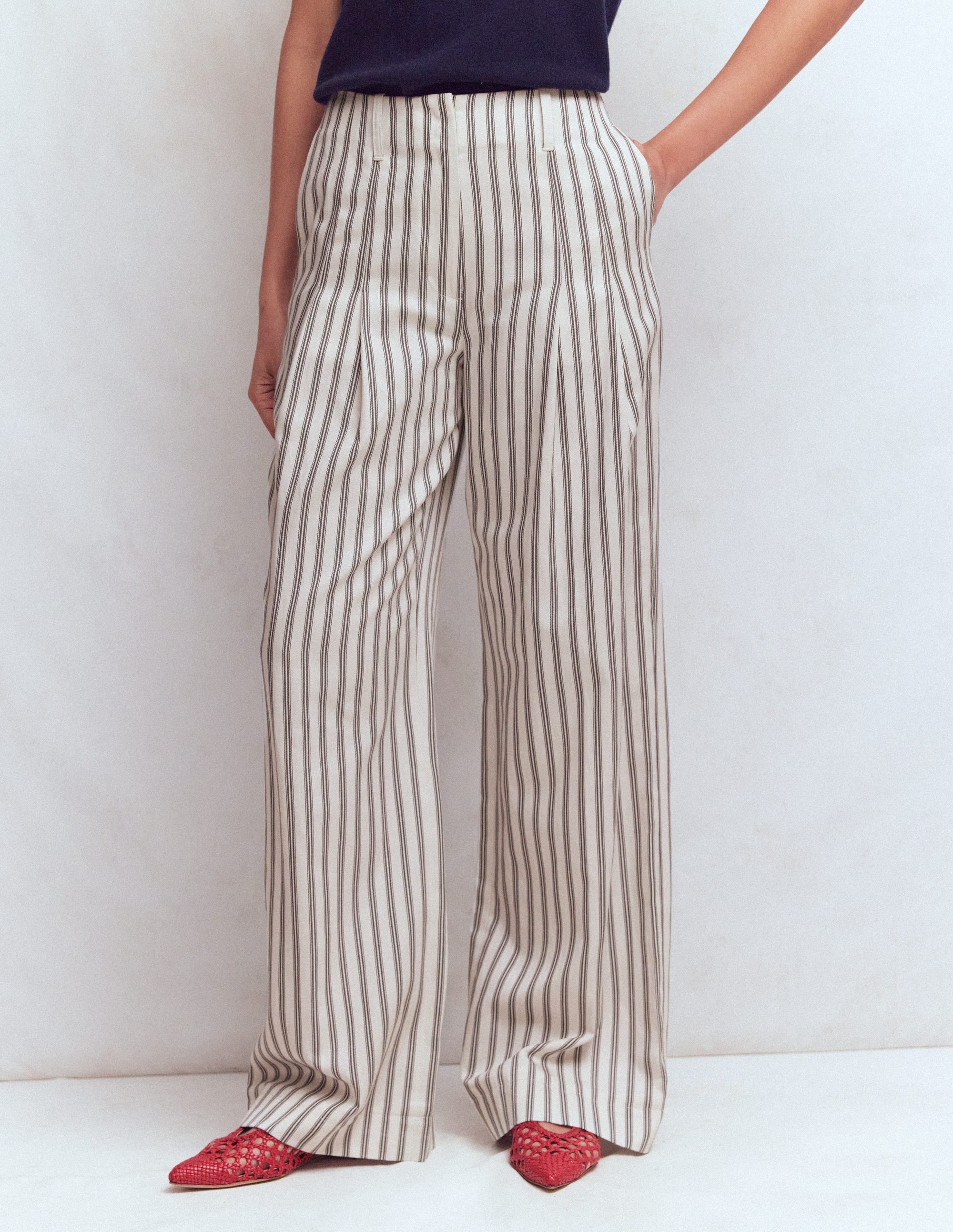 Mayfair Tailored Pants-Ivory, Navy Stripe