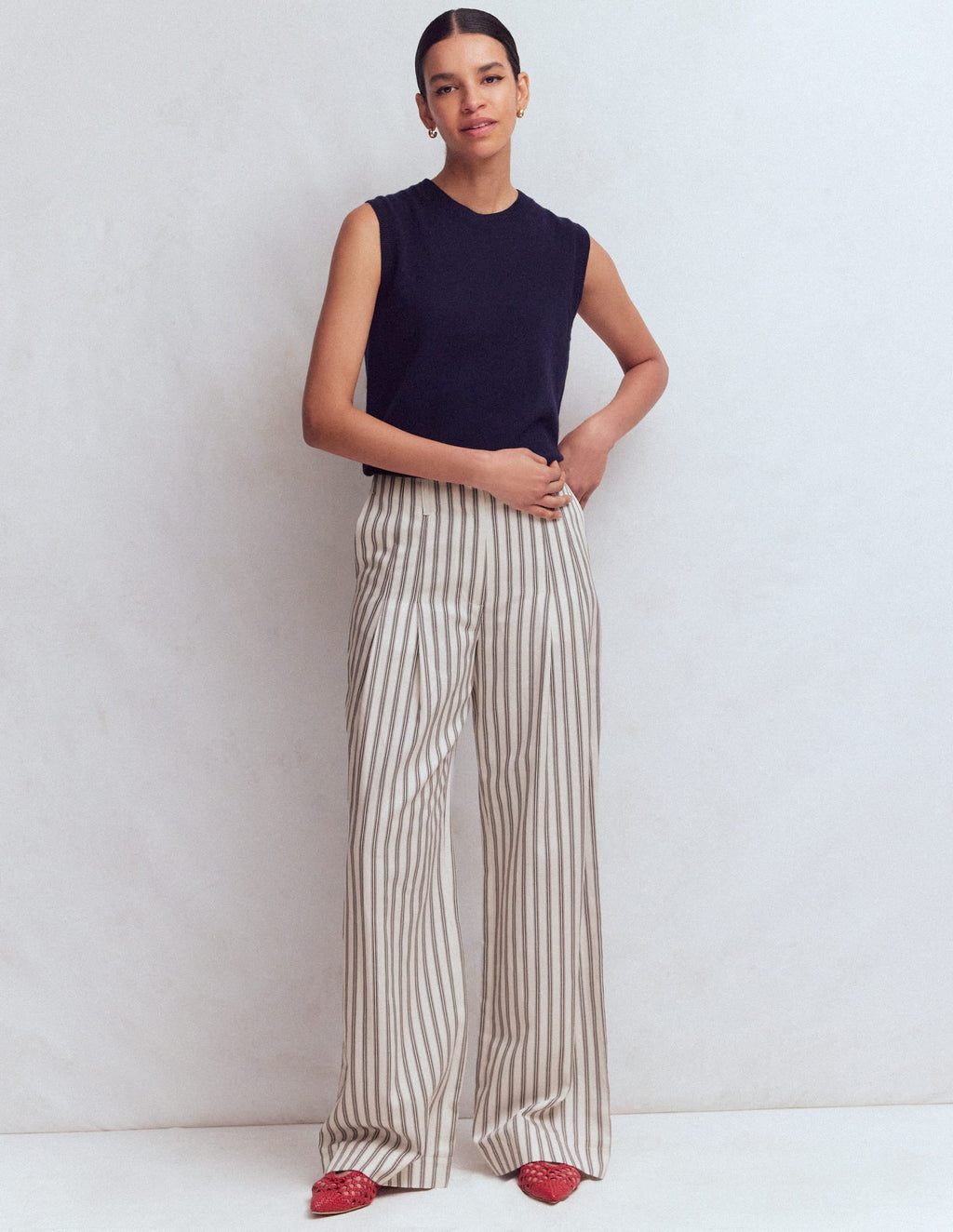 Mayfair Tailored Pants-Ivory, Navy Stripe