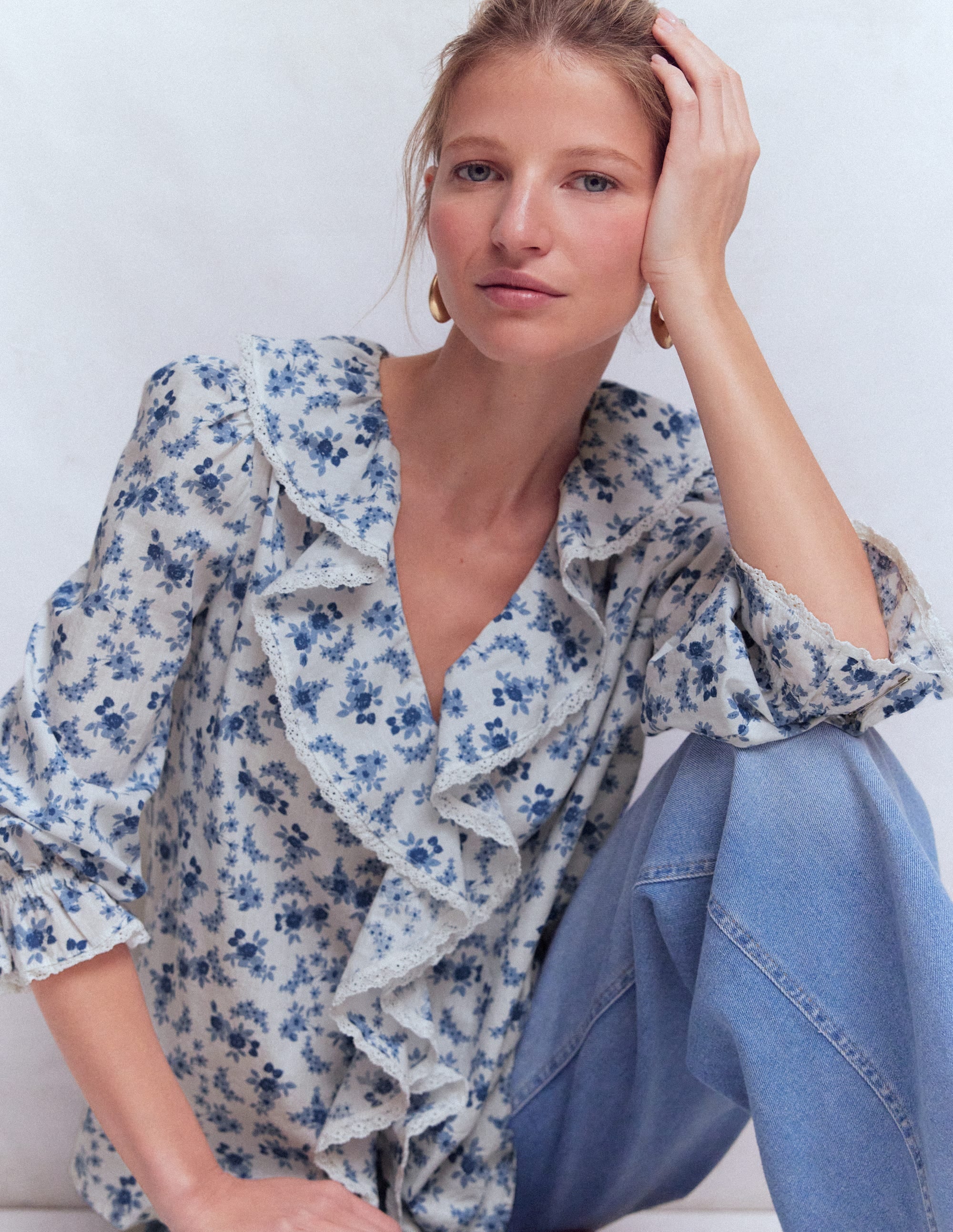 Eliza Ruffle V-Neck Blouse-Tourmaline Blue, Dainty Vine