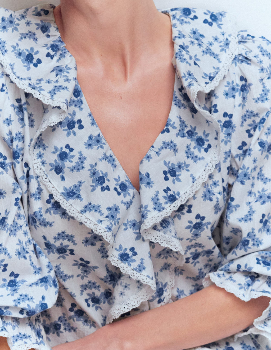 Eliza Ruffle V-Neck Blouse-Tourmaline Blue, Dainty Vine