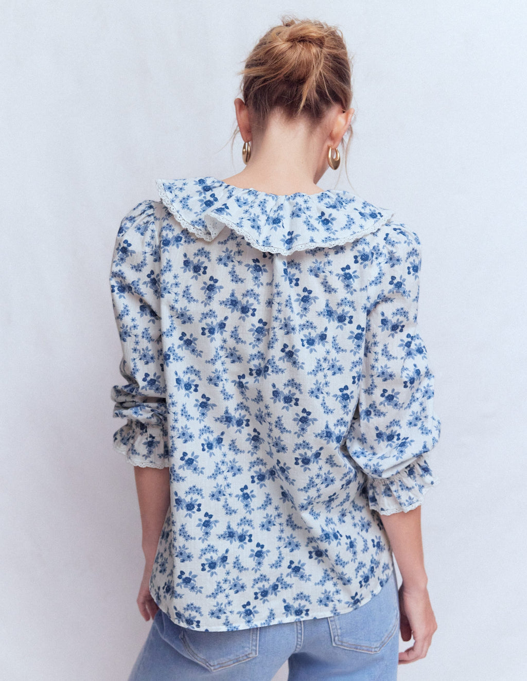 Eliza Ruffle V-Neck Blouse-Tourmaline Blue, Dainty Vine