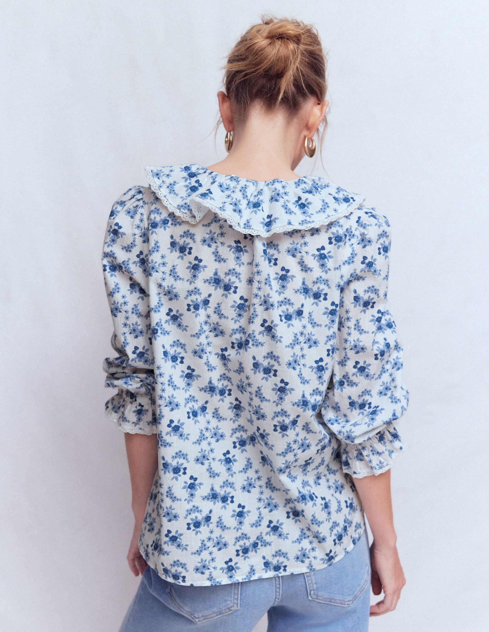 Eliza Ruffle V-Neck Blouse-Tourmaline Blue, Dainty Vine