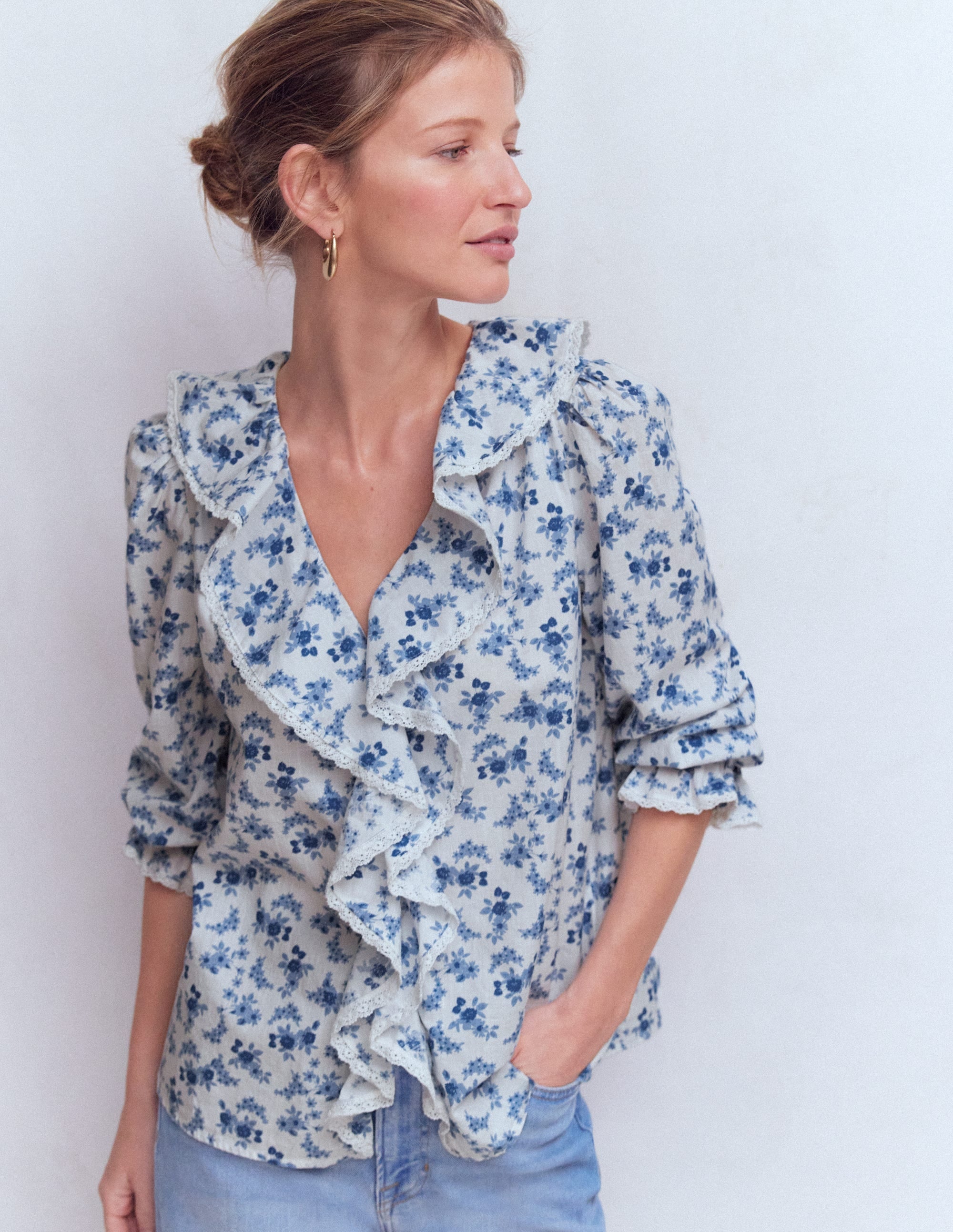 Eliza Ruffle V-Neck Blouse-Tourmaline Blue, Dainty Vine