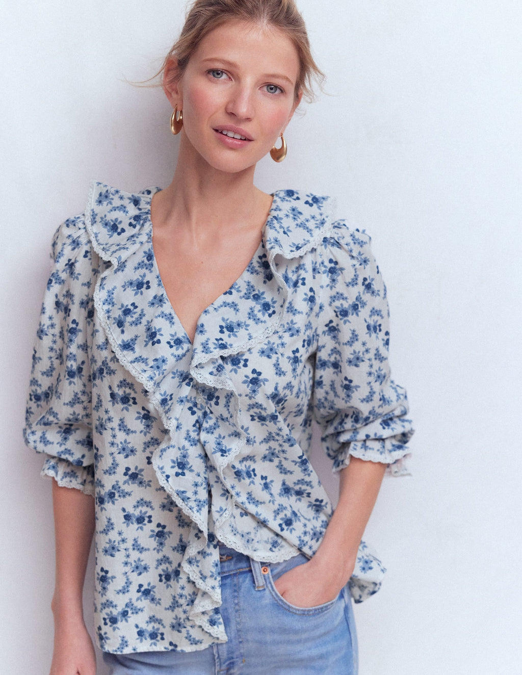 Eliza Ruffle V-Neck Blouse-Tourmaline Blue, Dainty Vine