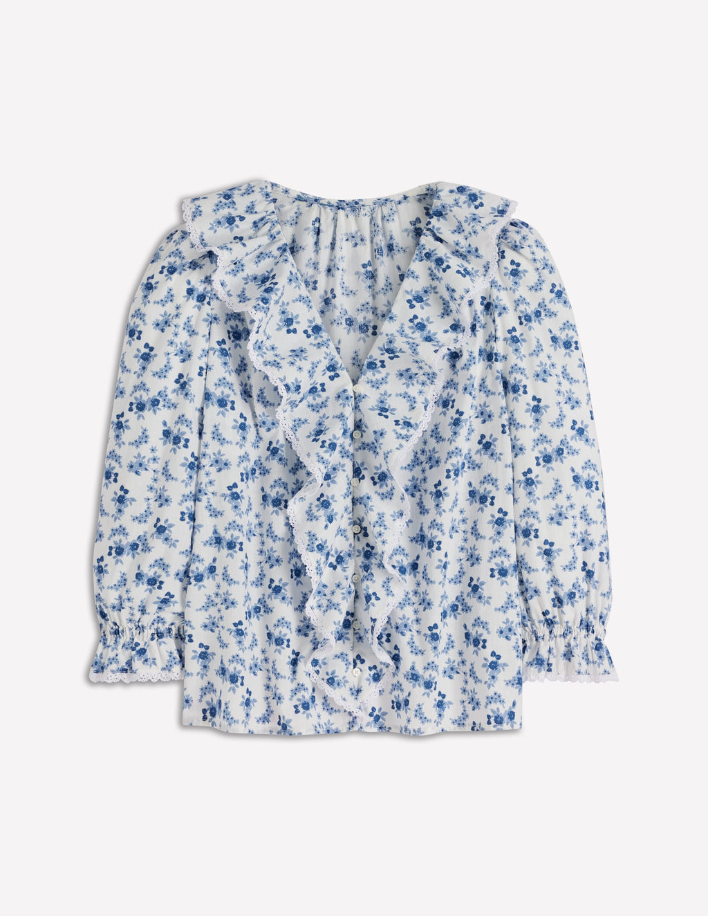 Eliza Ruffle V-Neck Blouse-Tourmaline Blue, Dainty Vine