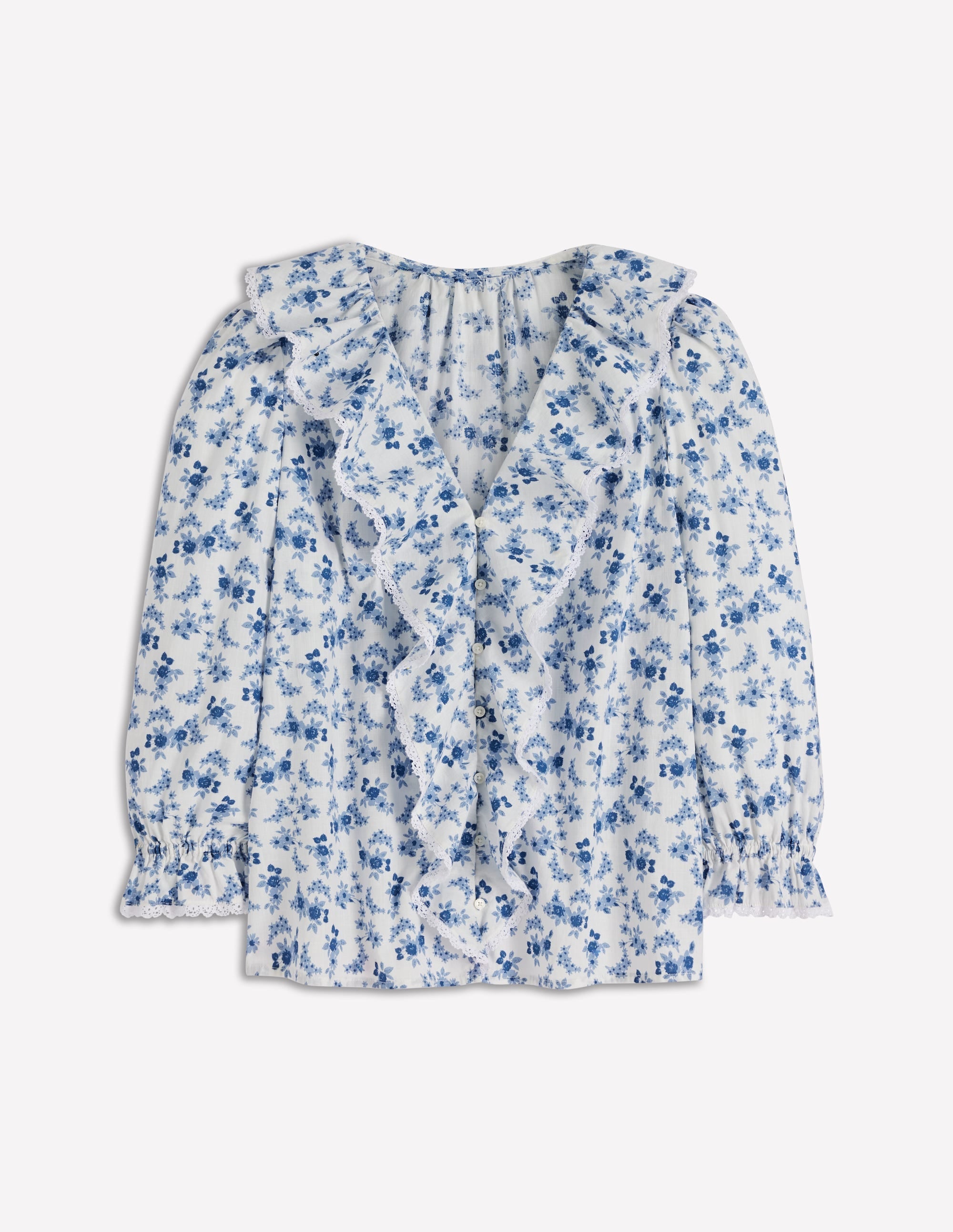Eliza Ruffle V-Neck Blouse-Tourmaline Blue, Dainty Vine