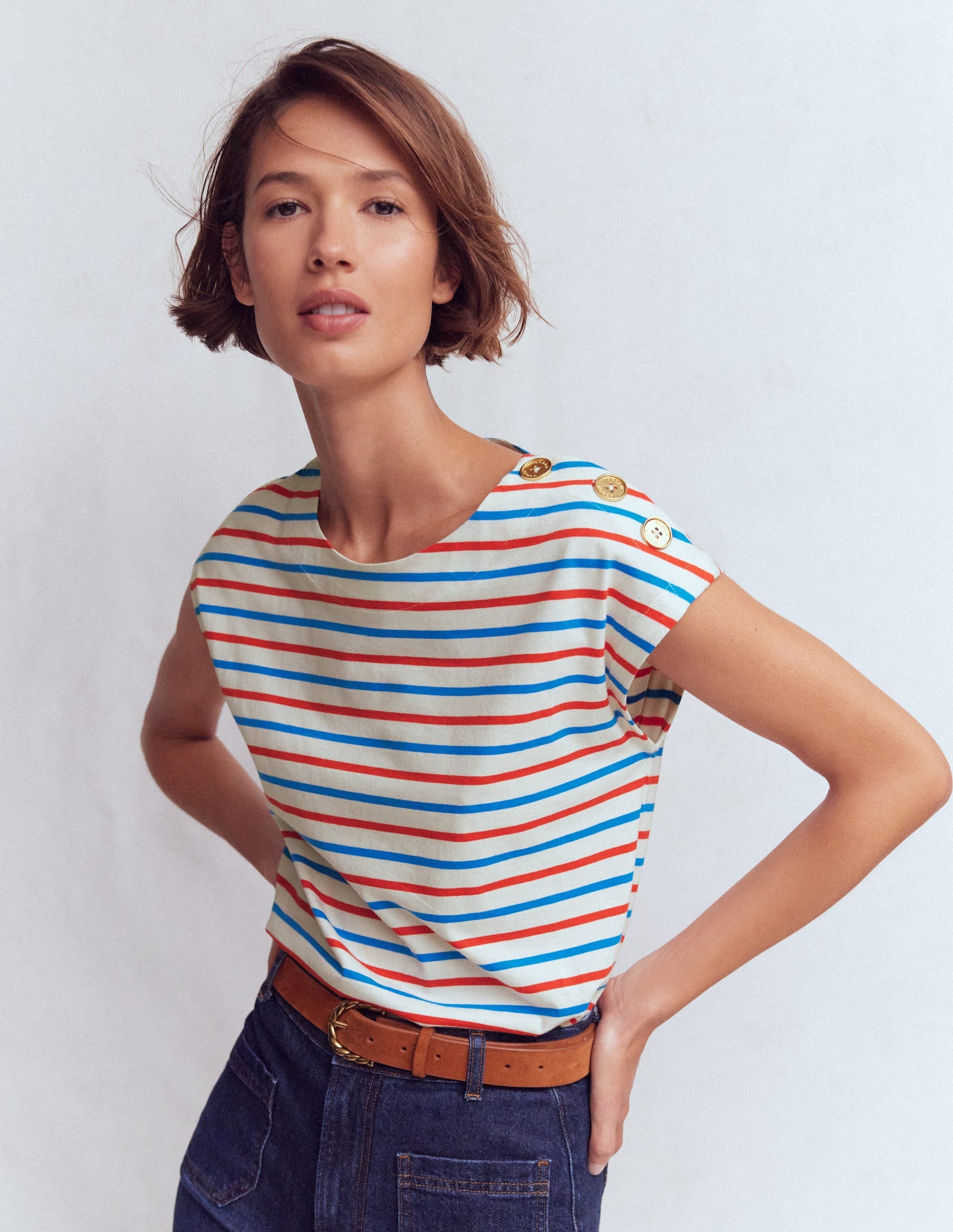 Button Detail T-Shirt-Fire Cracker, King Fisher Blue