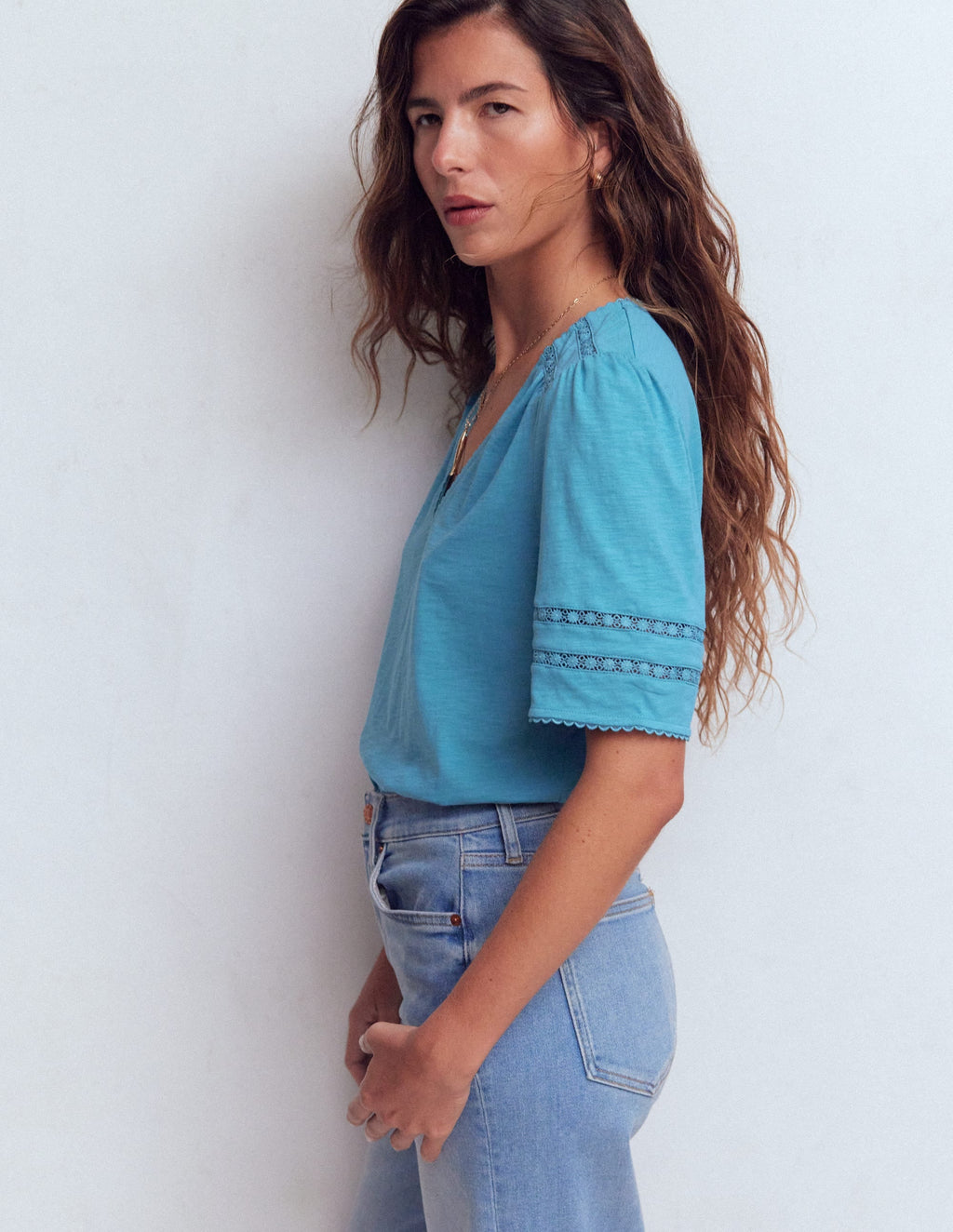 Poppy Trim V Neck T-Shirt-Duck Egg Blue