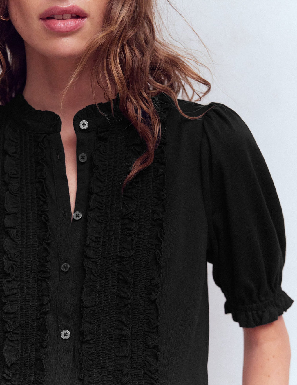 Eda Ruffle Front Shirt-Black