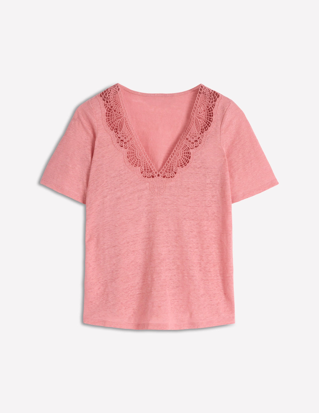Tara Lace Trim Linen T-shirt-Almond Pink