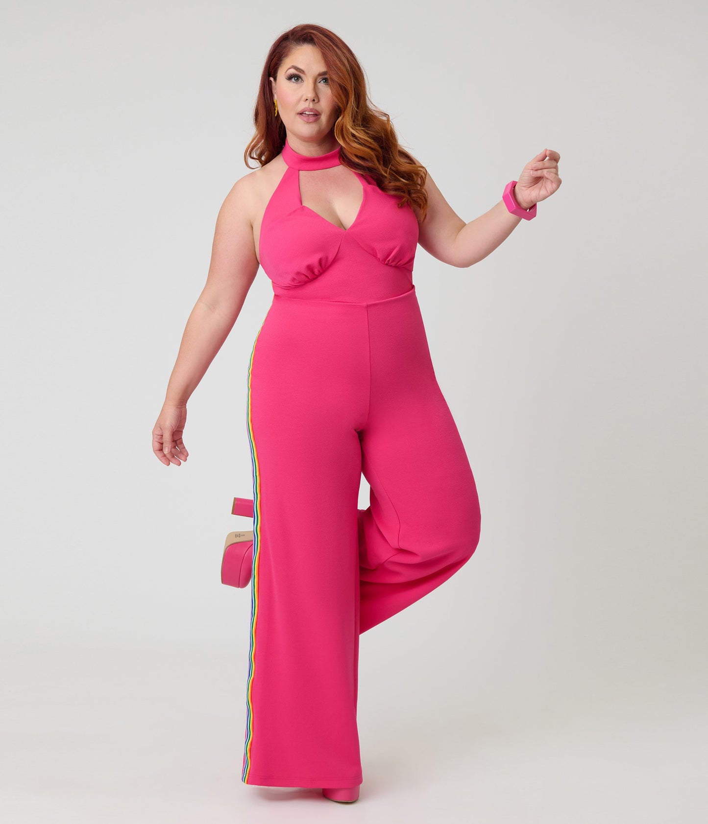 Smak Parlour Plus Size Hot Pink Rainbow Stripe Glamour Goddess Jumpsuit