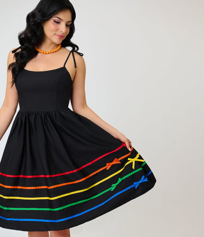Unique Vintage Black & Rainbow Ribbon Bobbie Swing Dress