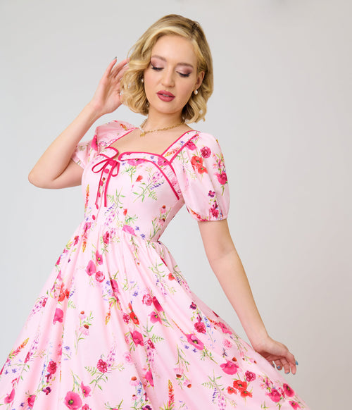 Unique Vintage Pink Floral Button Front Swing Dress
