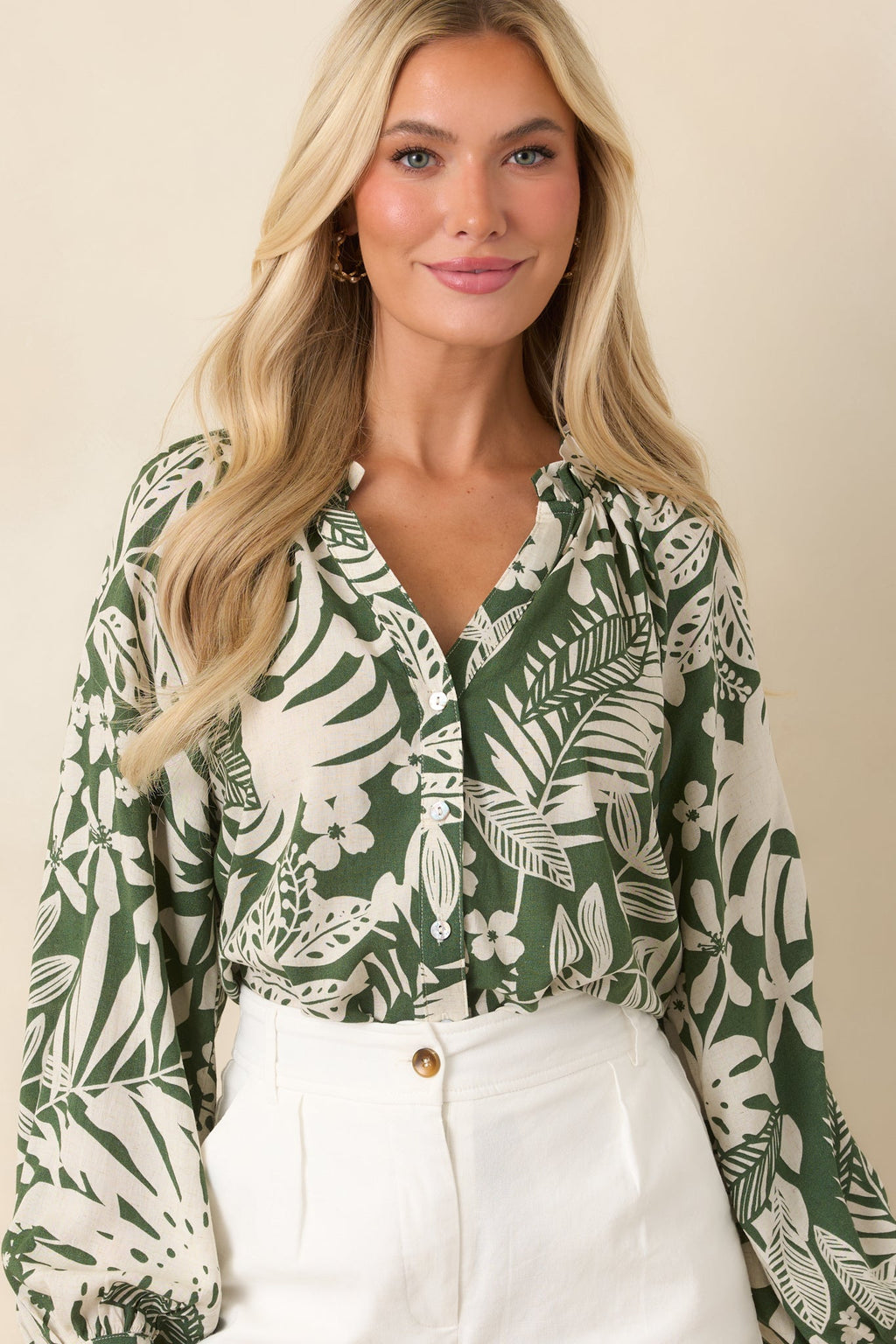 Jungle Luxe Green Tropical Print Button Front Top