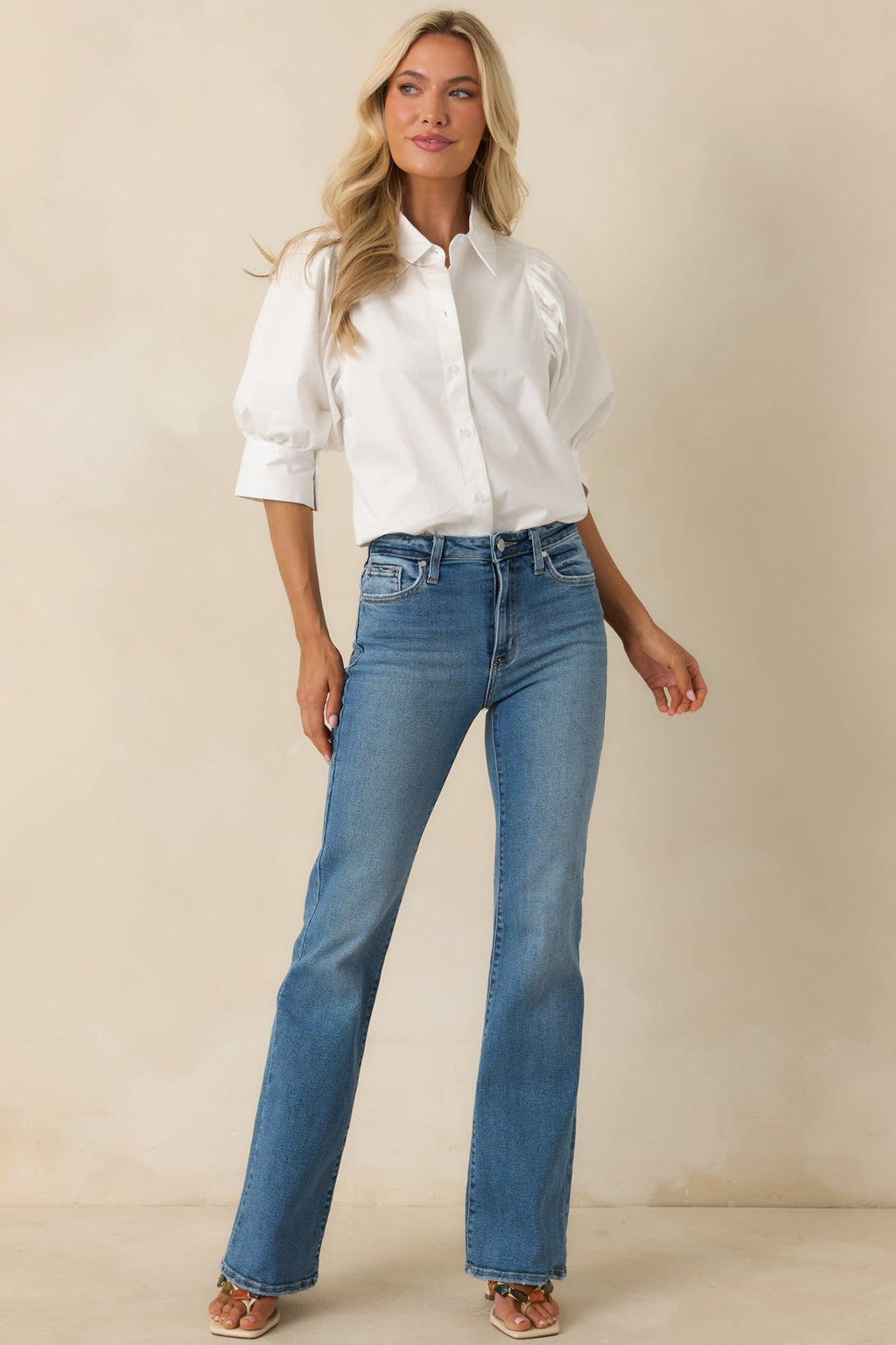 Not Your Basic White Cotton Puff Sleeve Button-Up Top