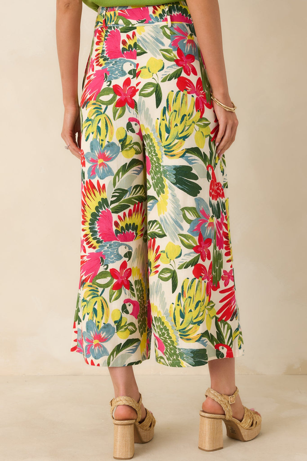 Talk Tropic To Me Red Multi Parrot Print Belted Crop Pants