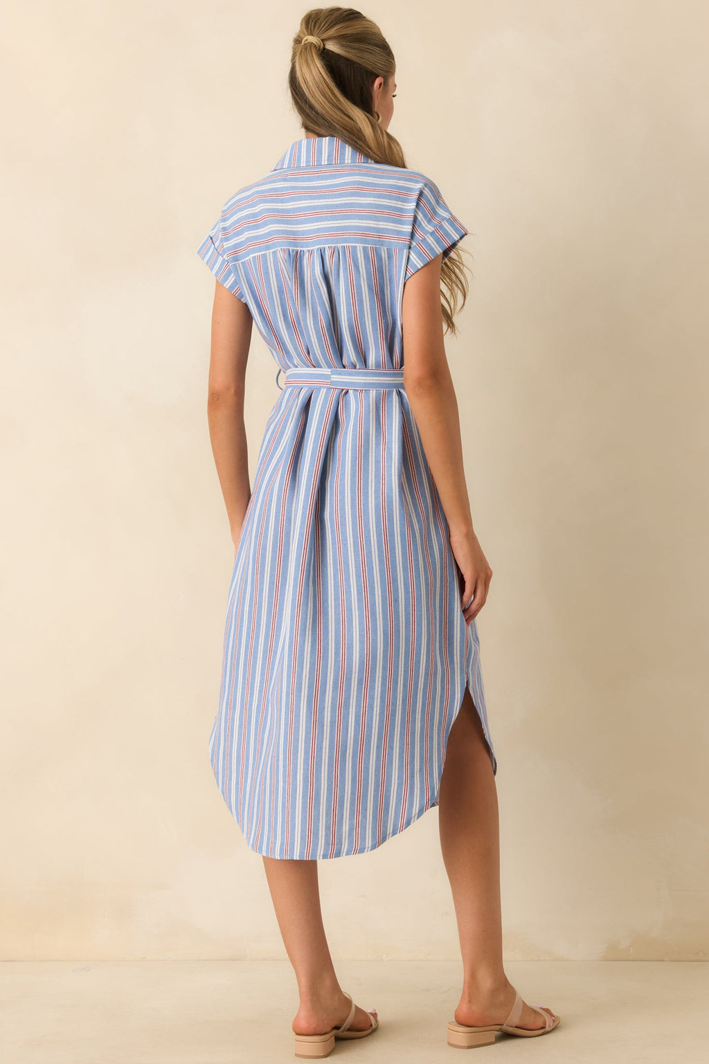 Prosperina Jules Blue & Red Stripe Cotton Midi Shirt Dress