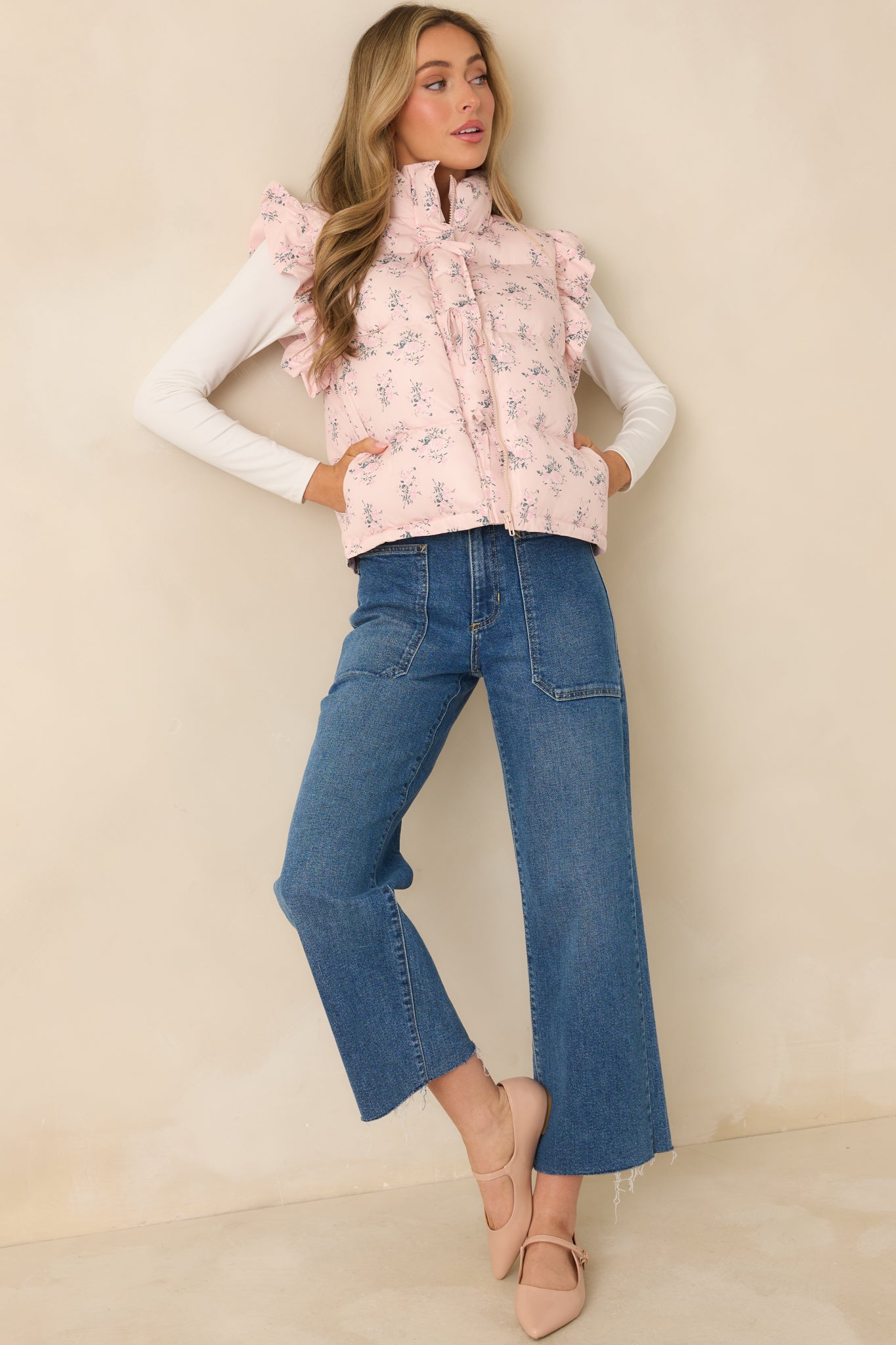 Glad You’re Here Blush Pink Multi Floral Pattern Puffer Vest