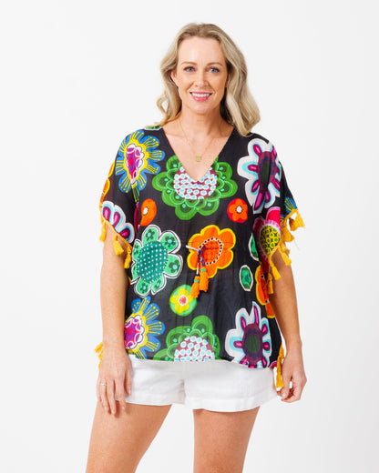 Chilli Tassel Top in Black Deco Floral