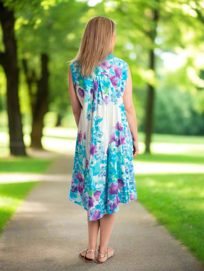 A-line Seeveless Dress in Lilac/Blue on White
