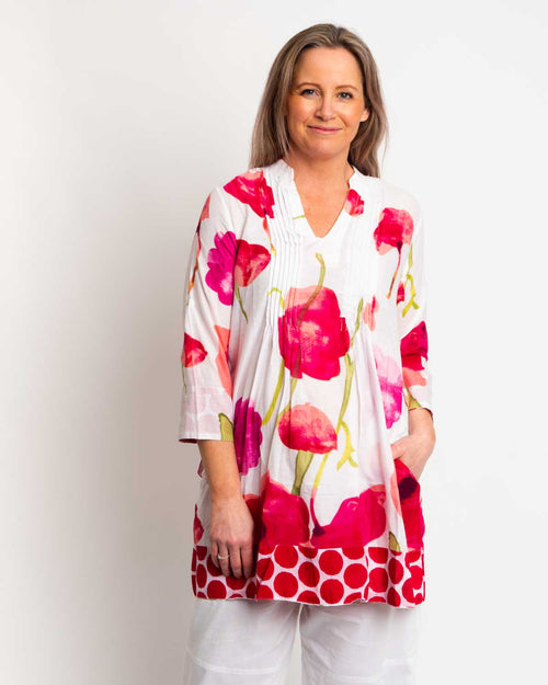 Pleated Long V-neck Top in Red Floral