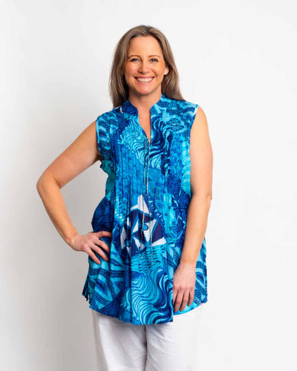Embroidered Sleeveless Long Top in Blue Festival Print