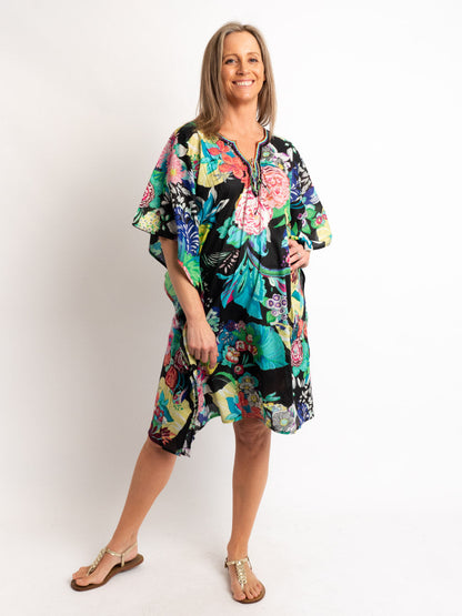 V-neck Dress Length Kaftan in Black Floral
