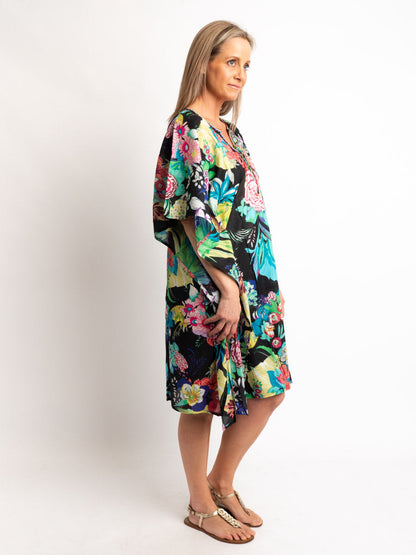 V-neck Dress Length Kaftan in Black Floral