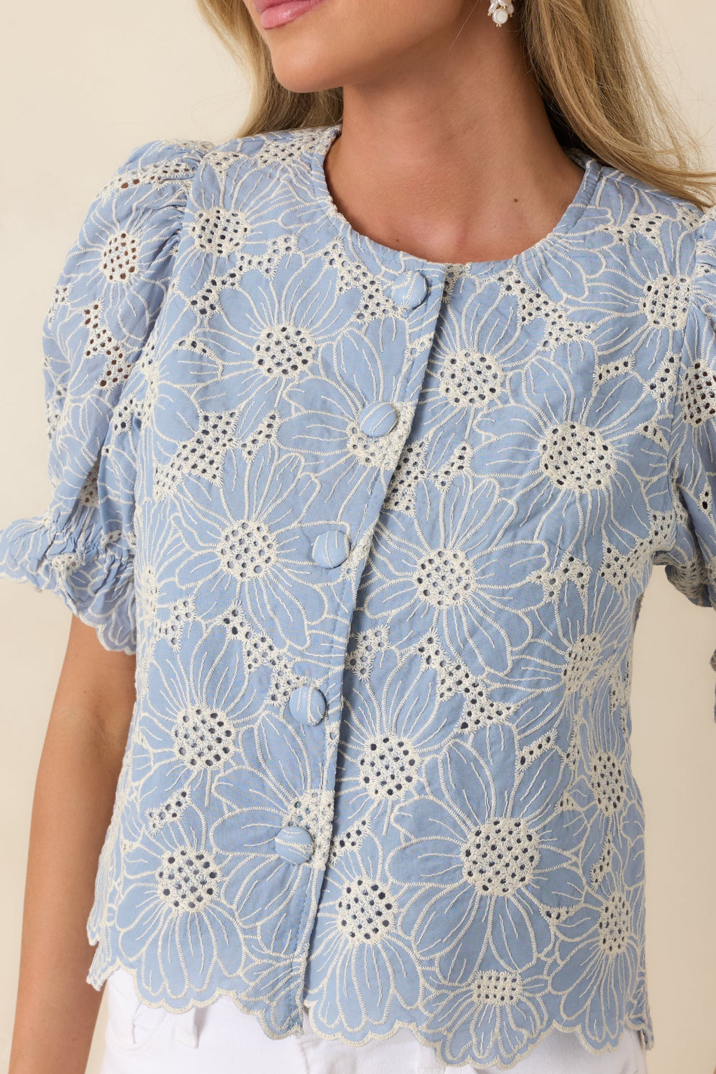 Look At You Blue Cotton Floral Embroidered Button Front Top