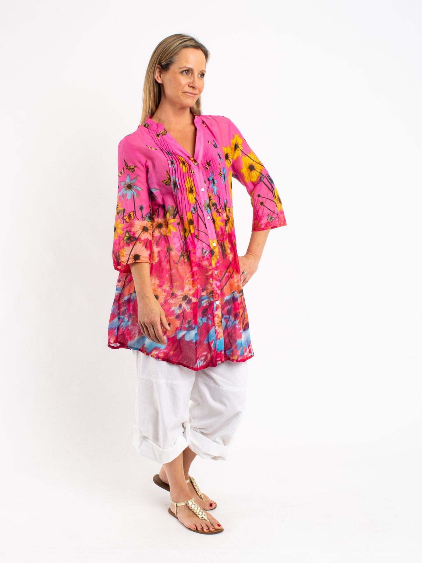 Long Pleated Shirt in Butterfly Pink