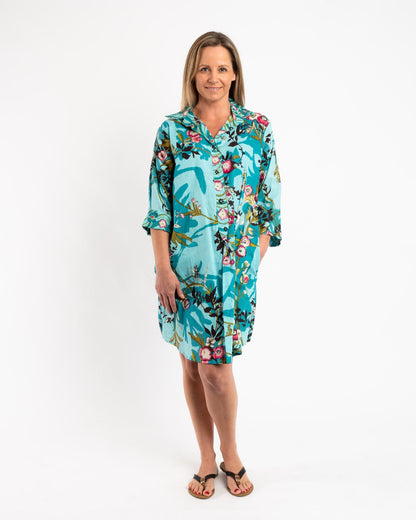 Collared Summer Dress in Turquoise Japanese Garden