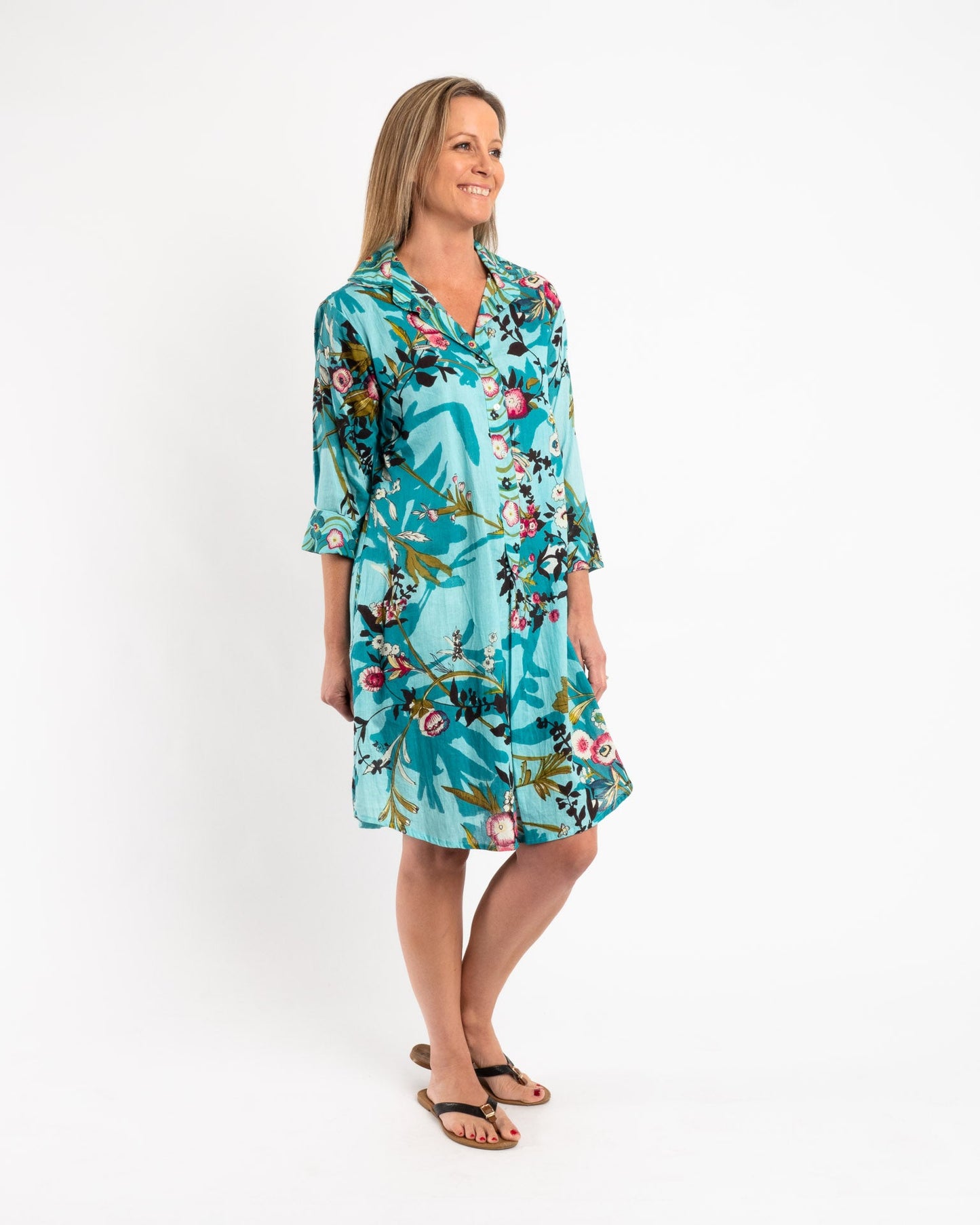 Collared Summer Dress in Turquoise Japanese Garden