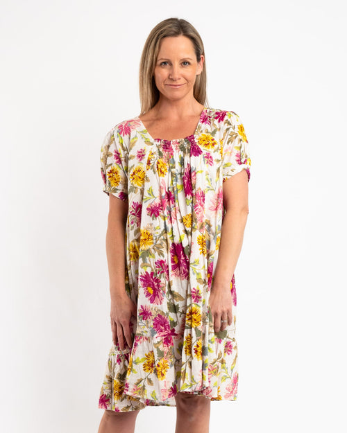 Cap Sleeve Summer Dress in Fuchsia Lime Garden